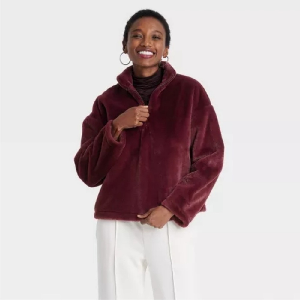Maroon quarter zip faux fur fleece